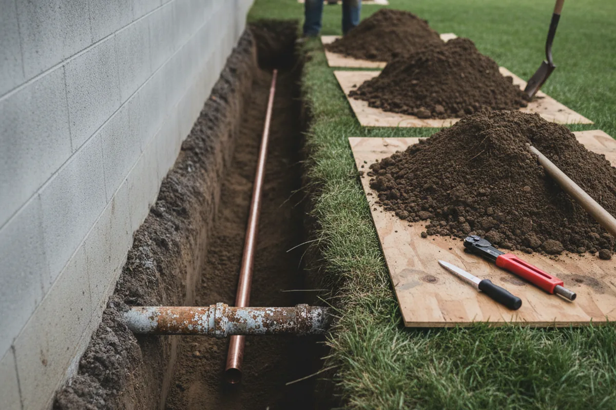 Excavated water line trench during Sewer Line Repair in Flatgap